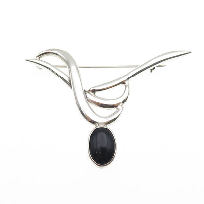 925 Sterling Silver Vintage Mexico Real Black Onyx Modernist Pin Brooch