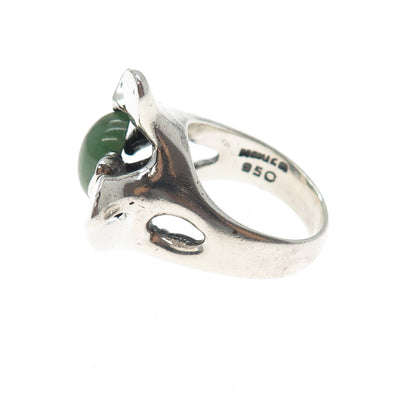 950 Silver Vintage Mexico Real Jade Modernist Oxidized Ring Size 8.25