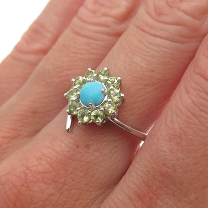 Chuck Clemency 925 Sterling Silver Real Turquoise Peridot Floral Ring Size 8.25
