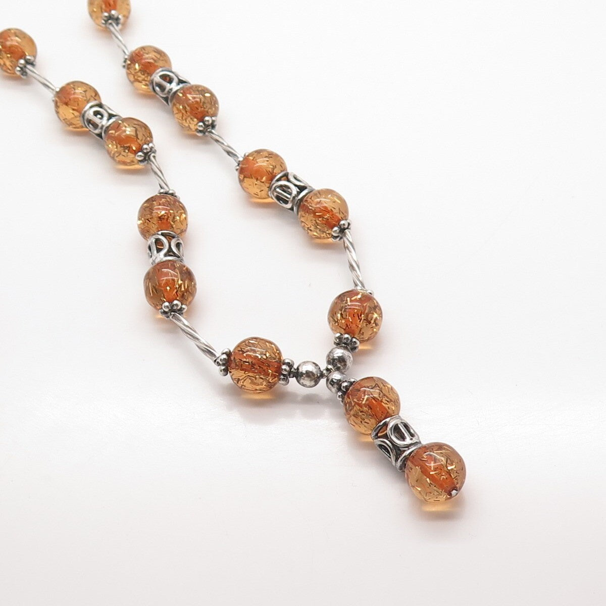 925 Sterling Silver Vintage Real Rutilated Quartz Ethnic Bar Chain Necklace 20"