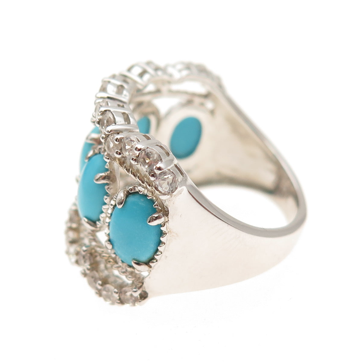925 Sterling Silver Real Sleeping Beauty Turquoise & White Topaz Ring Size 8