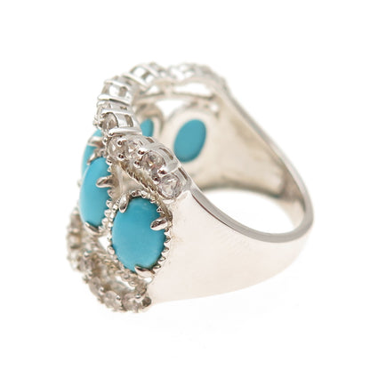 925 Sterling Silver Real Sleeping Beauty Turquoise & White Topaz Ring Size 8