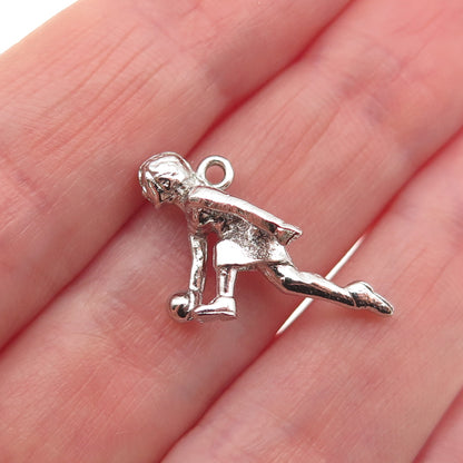 925 Sterling Silver Vintage Female Bowler 3D Mini Charm Pendant