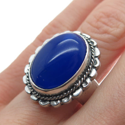 925 Sterling Silver Vintage Real Blue Chalcedony Flower Oxidized Ring Size 8.75