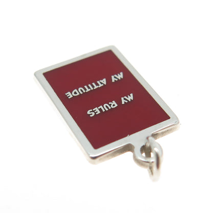 925 Sterling Silver Red Enamel "My Rules My Attitude" Minimalist Charm Pendant