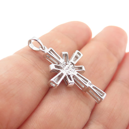 GSJ Gold Stone Sterling Silver Tapered Baguette & Round-Cut C Z Cross Pendant