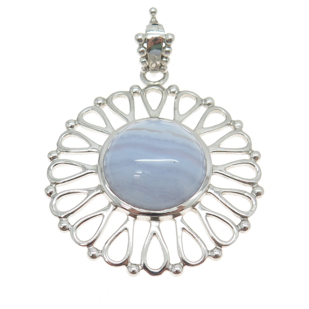 925 Sterling Silver Vintage Real Cabochon Blue Lace Agate Flower Pendant