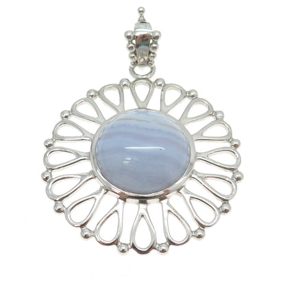 925 Sterling Silver Vintage Real Cabochon Blue Lace Agate Flower Pendant