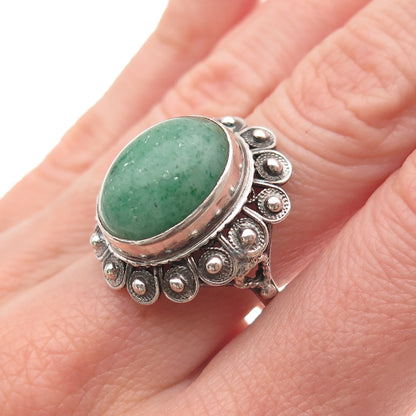 925 Sterling Silver Antique Art Deco Real Aventurine Floral Oxidized Ring Size 9