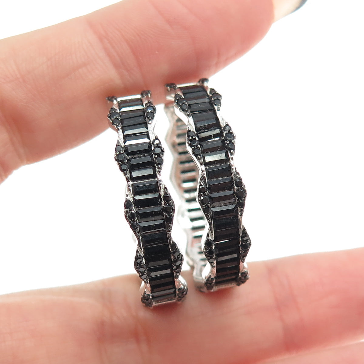 925 Sterling Silver Black C Z Huggie Earrings