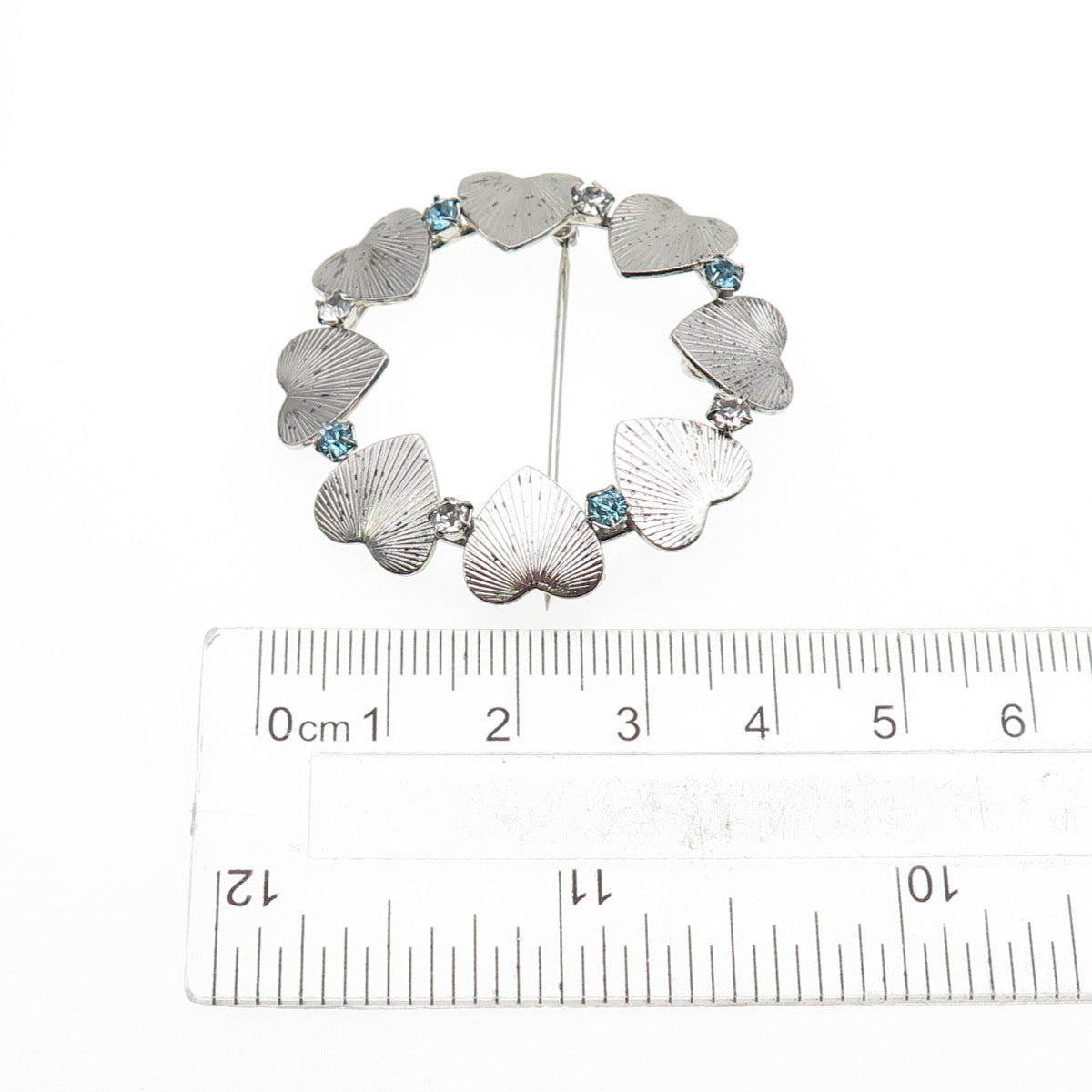 CARL ART Sterling Silver Vintage Blue & White Rhinestone Heart Circle Pin Brooch