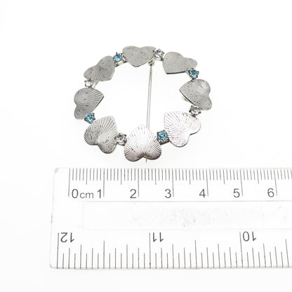 CARL ART Sterling Silver Vintage Blue & White Rhinestone Heart Circle Pin Brooch