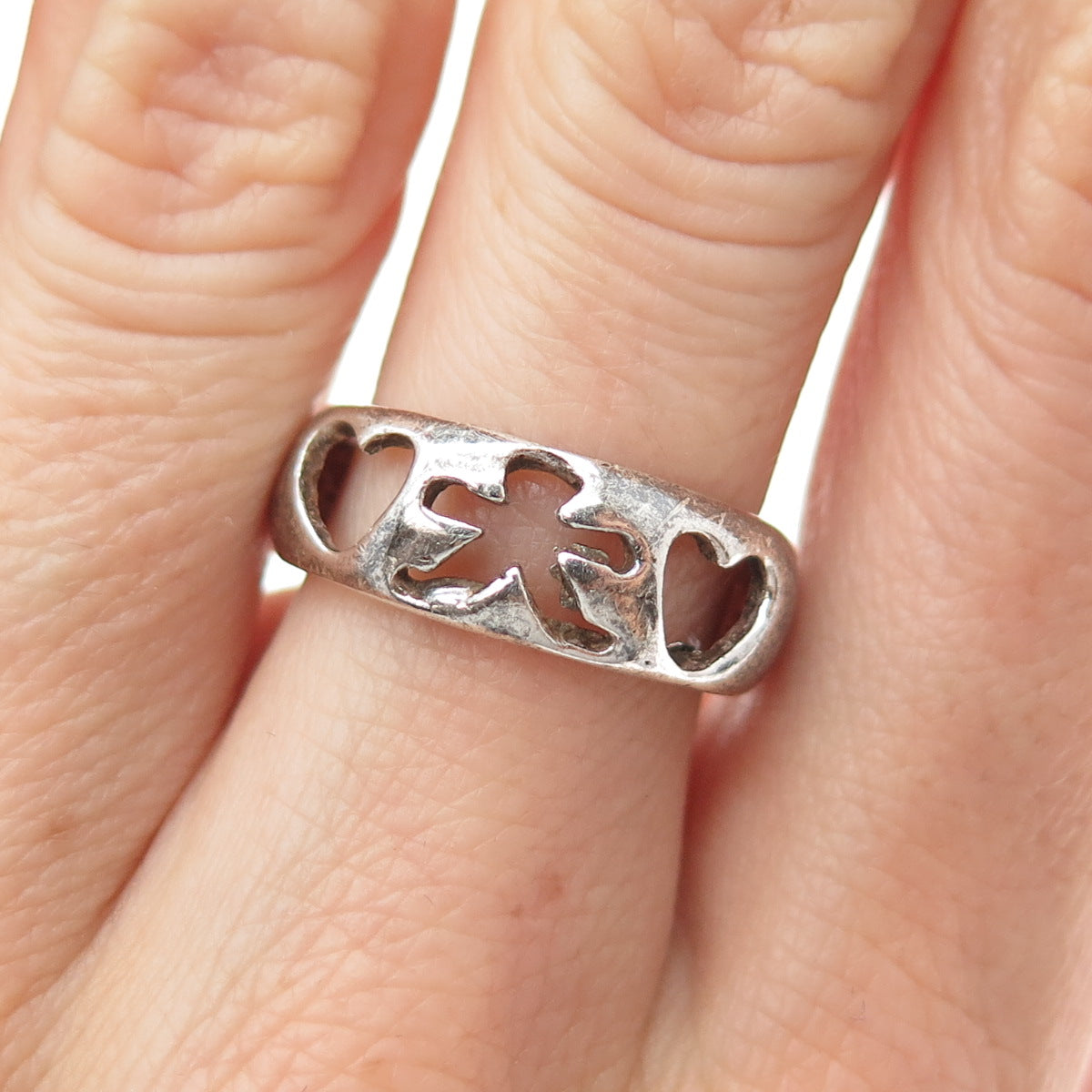 925 Sterling Silver Vintage EFS Mexico Child & Heart Oxidized Ring Size 6.25