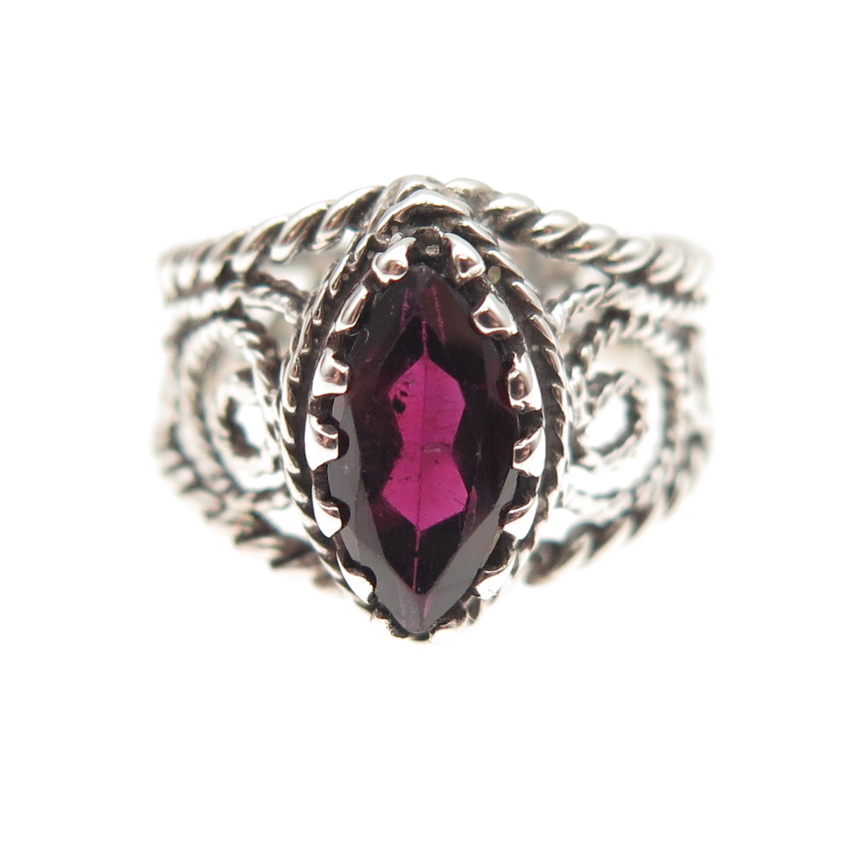 925 Sterling Silver Vintage Real Marquise-Cut Garnet Swirl Oxidized Ring Size 6