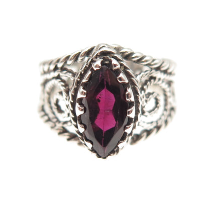 925 Sterling Silver Vintage Real Marquise-Cut Garnet Swirl Oxidized Ring Size 6