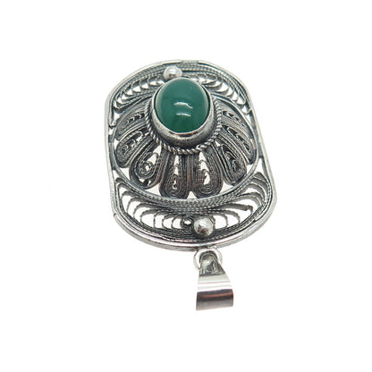 800 Silver Vintage Real Green Onyx Filigree Oxidized Pendant