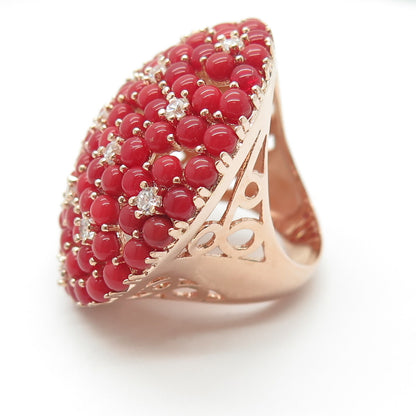 925 Sterling Silver Rose Gold Plated Coral & C Z Dome Statement Ring Size 7.25