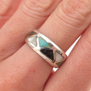 Old Pawn 925 Sterling Silver Vintage Turquoise Black Onyx MOP Tribal Ring Size 7