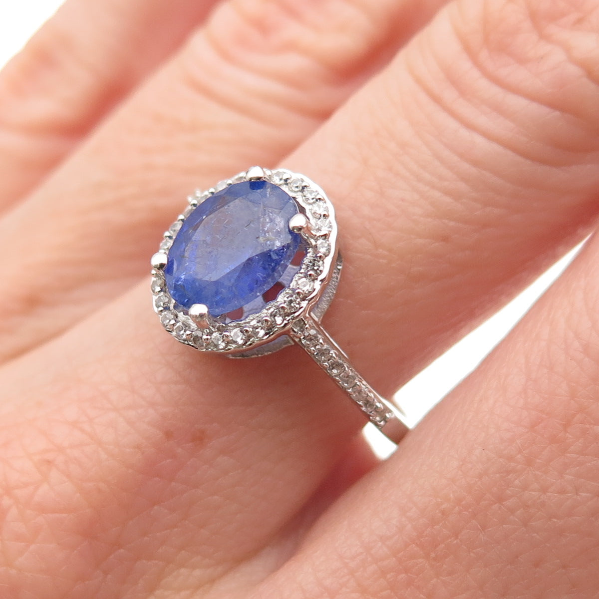925 Sterling Silver Real Oval-Cut Tanzanite & White Topaz Ring Size 8
