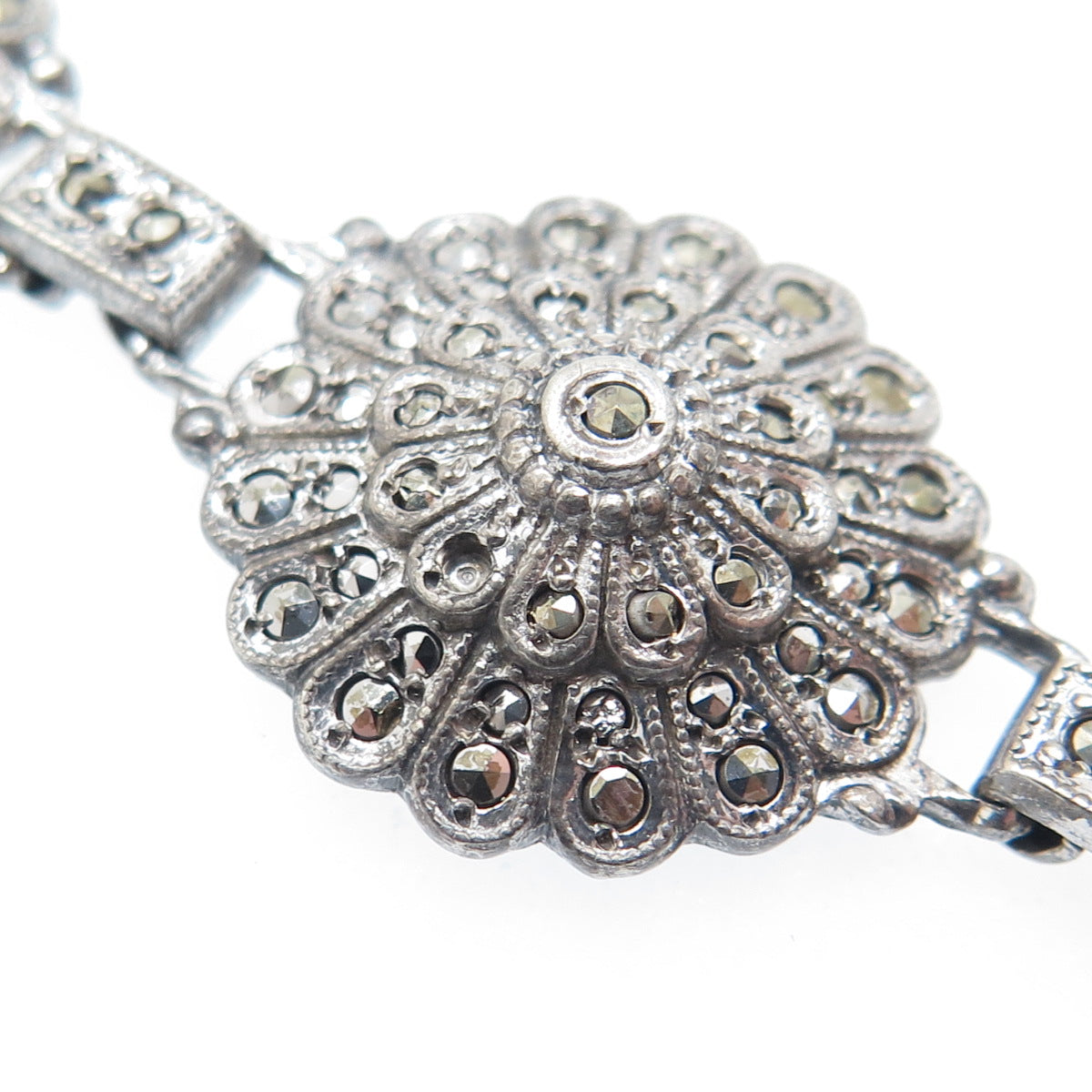 925 Sterling Silver Antique Real Marcasite Floral Bracelet 7" (missing 4 stones)