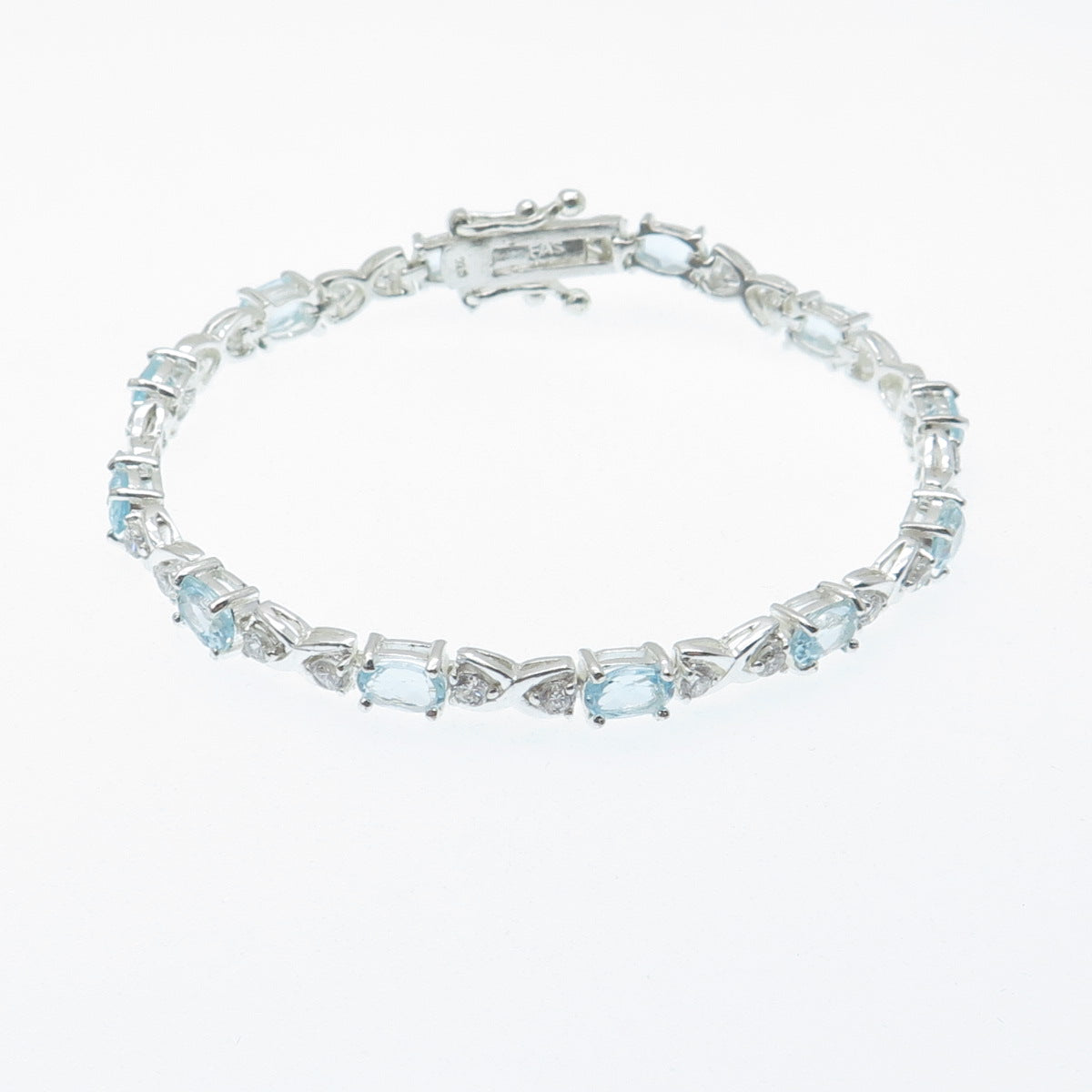 925 Sterling Silver Real Blue Topaz Gemstone & C Z XO Tennis Link Bracelet 6.75"