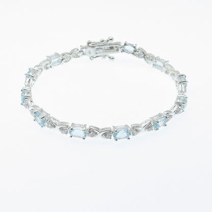 925 Sterling Silver Real Blue Topaz Gemstone & C Z XO Tennis Link Bracelet 6.75"