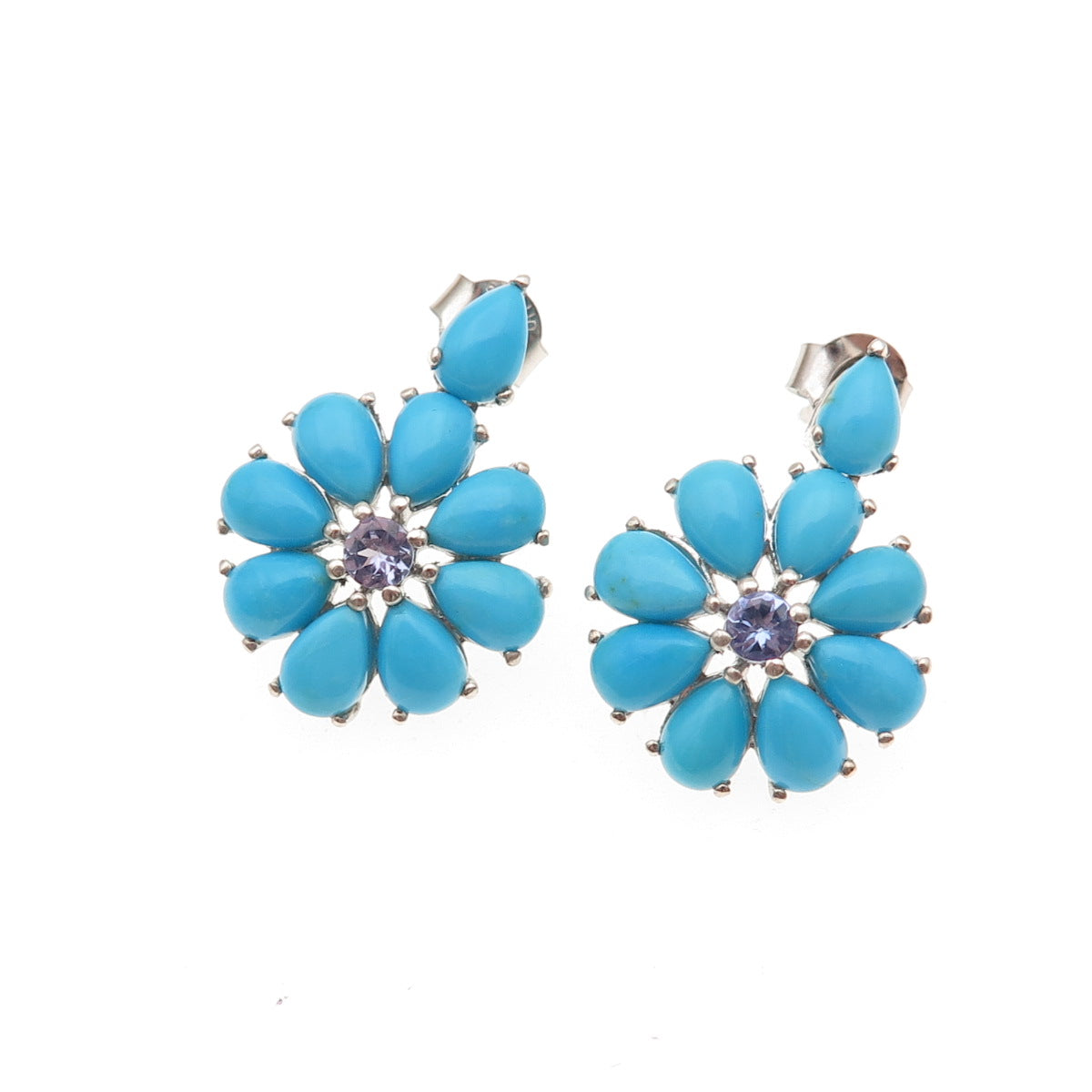 Chuck Clemency 925 Sterling Silver Real Turquoise & Tanzanite Floral Earrings