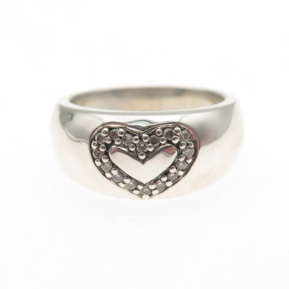925 Sterling Silver Real Round-Cut Diamond Heart Ring Size 6