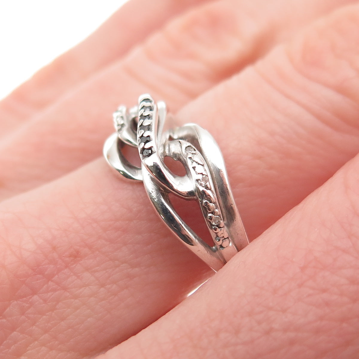 925 Sterling Silver Real Round-Cut Black & White Diamond Twisted Ring Size 7