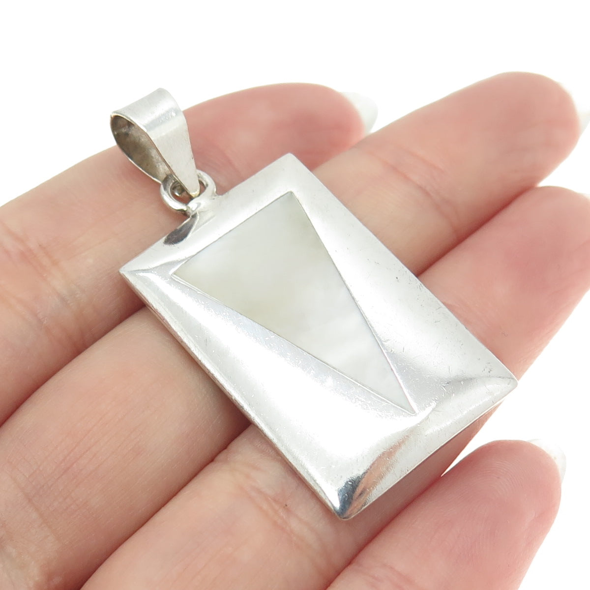 925 Sterling Silver Vintage Real Mother-of-Pearl Modernist Geometric Pendant