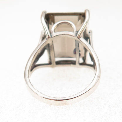 925 Sterling Silver Vintage Real Emerald-Cut Smoky Quartz Ring Size 8