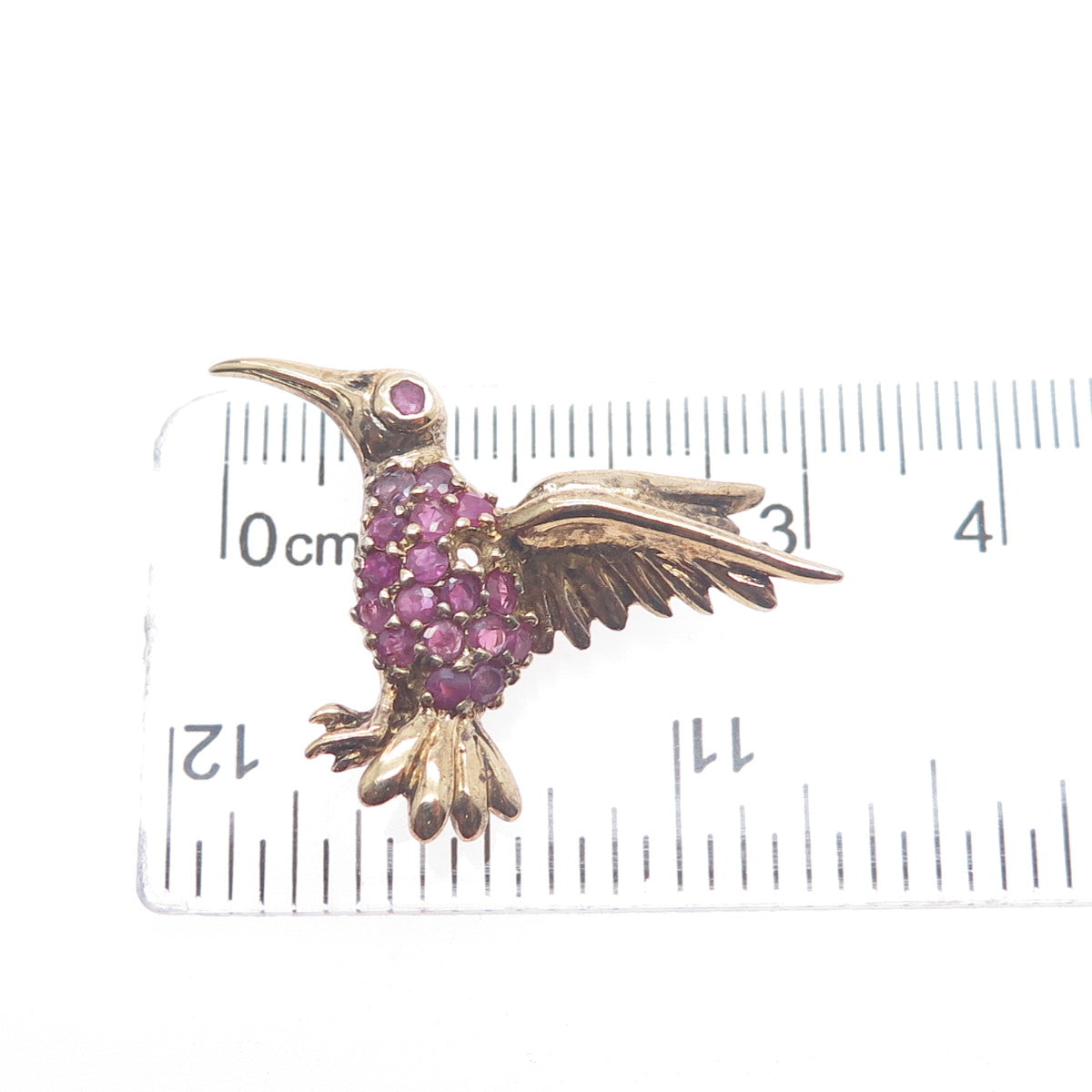925 Sterling Gold Plated Vintage Real Ruby Hummingbird Brooch (missing 1 stone)