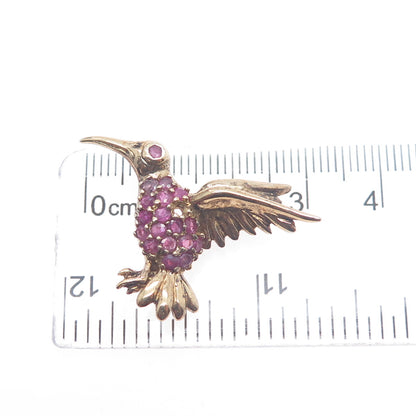 925 Sterling Gold Plated Vintage Real Ruby Hummingbird Brooch (missing 1 stone)