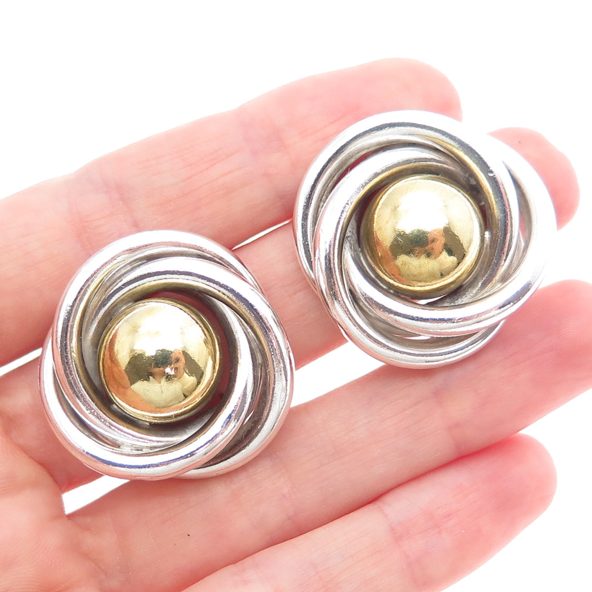 925 Sterling Silver 2-Tone Vintage Mexico Modernist Trinity Clip On Earrings