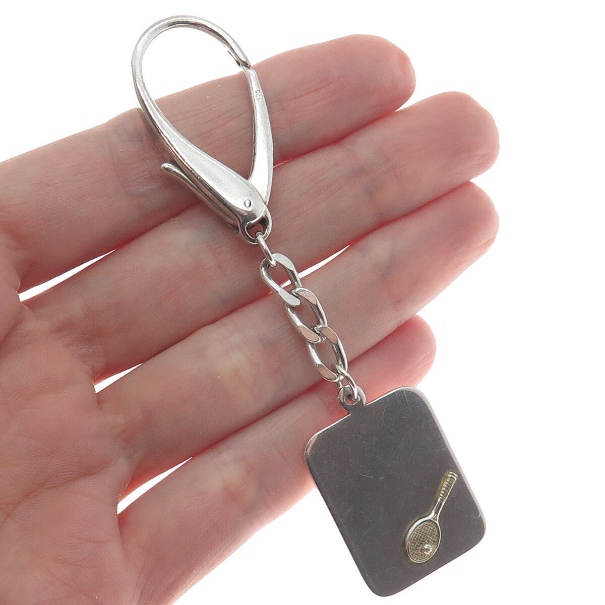 925 Sterling Silver 2-Tone Vintage Germany Tennis Racket Tag Key Fob Chain