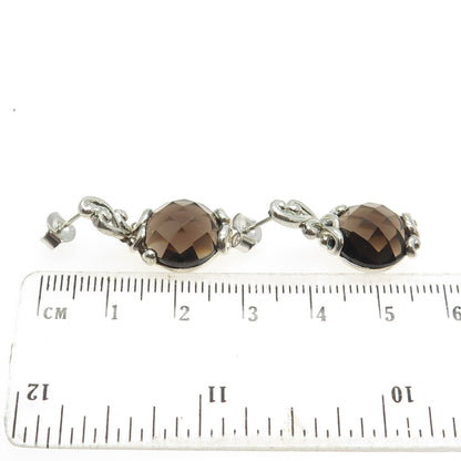 925 Sterling Silver Vintage Real Smoky Quartz Ornate Dangling Earrings