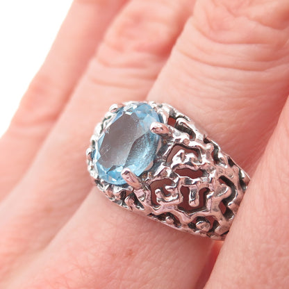 925 Sterling Silver Vintage Real Blue Topaz Modernist Oxidized Ring Size 9