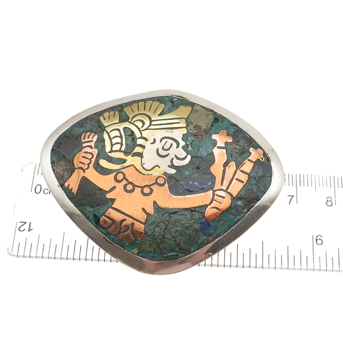 Los Ballesteros 925 Sterling 3-Tone Vintage Mexico Real Azurite Warrior Brooch