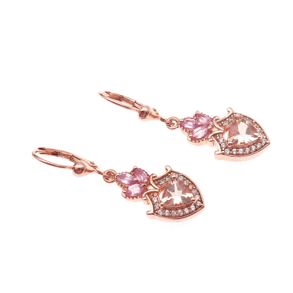 D'Joy 925 Sterling Gold Plated Real Morganite Pink Sapphire White Topaz Earrings