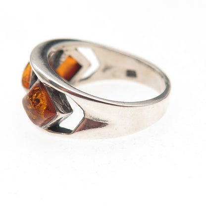 925 Sterling Silver Vintage Poland Real Amber Oxidized Ring Size 7.5