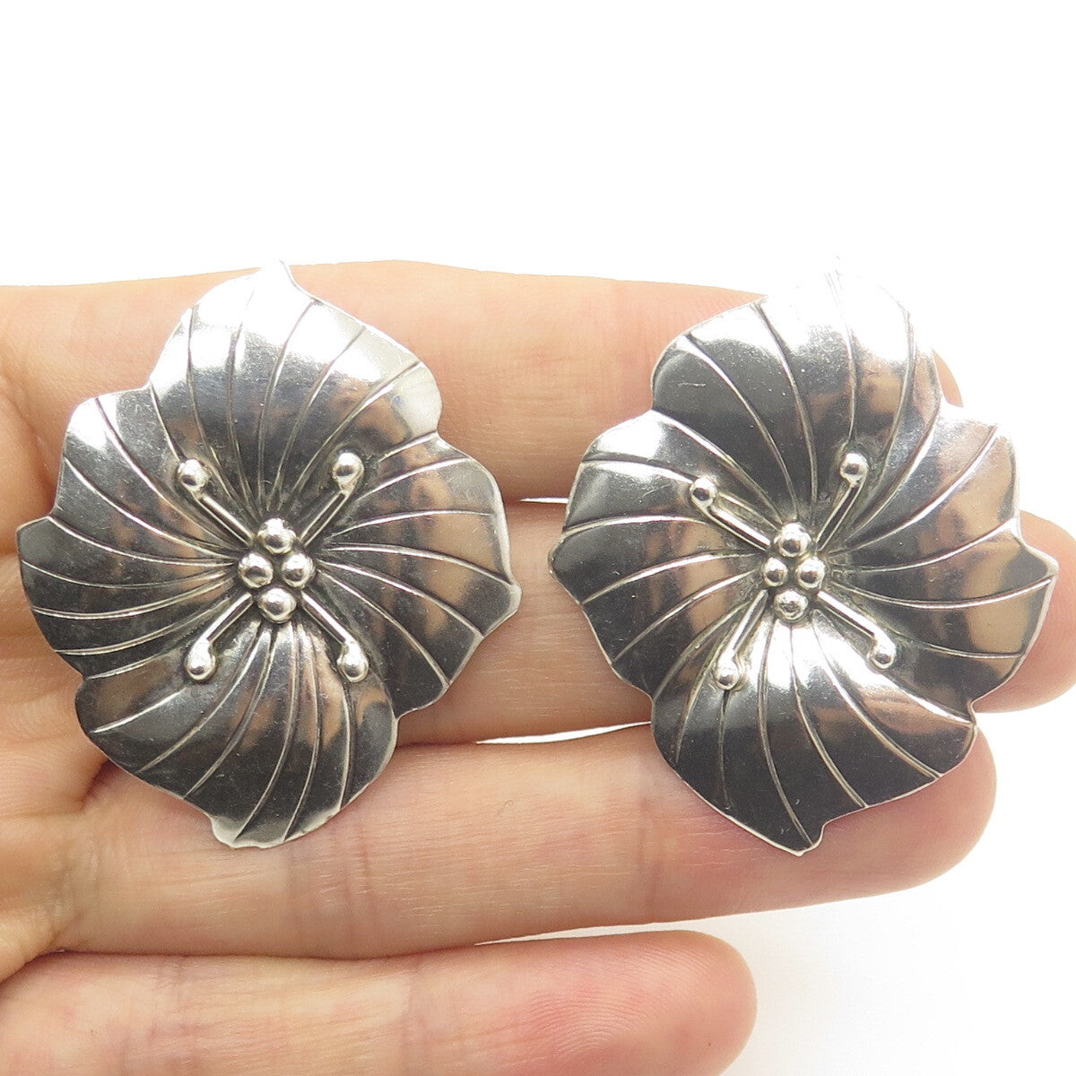 CAROL FELLEY 925 Sterling Silver Vintage 1985 Modernist Flower Clip On Earrings