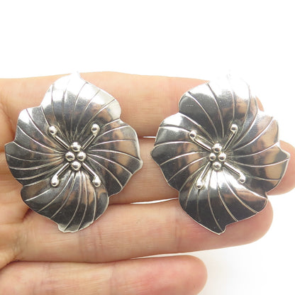 CAROL FELLEY 925 Sterling Silver Vintage 1985 Modernist Flower Clip On Earrings