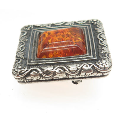 N. GAITARA 925 Sterling Silver Vintage Amber Floral Frame Pin Brooch