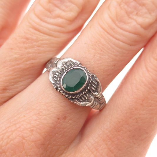 925 Sterling Silver Vintage Real Green Onyx Floral Oxidized Ring Size 8.5