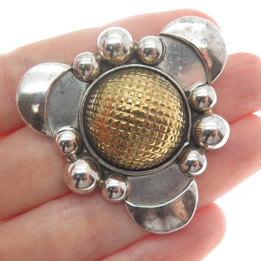 925 Sterling Silver 2-Tone Vintage Mexico Modernist Beaded Pin Brooch / Pendant
