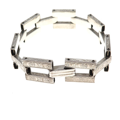 925 Sterling Silver Antique Art Deco Floral Panel Bar Link Bracelet 6.75"