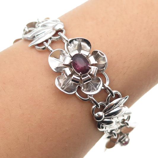 925 Sterling Silver Antique Art Deco Real Oval-Cut Tourmaline Flower Bracelet 7"