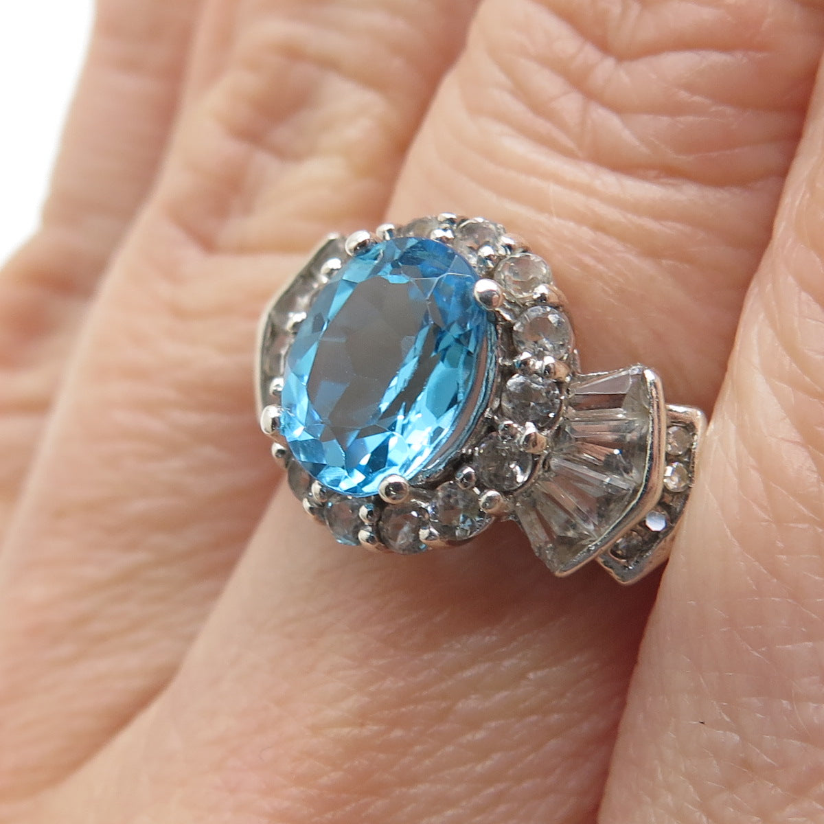 925 Sterling Silver Real Diamond Swiss Blue & White Topaz Ring Size 7