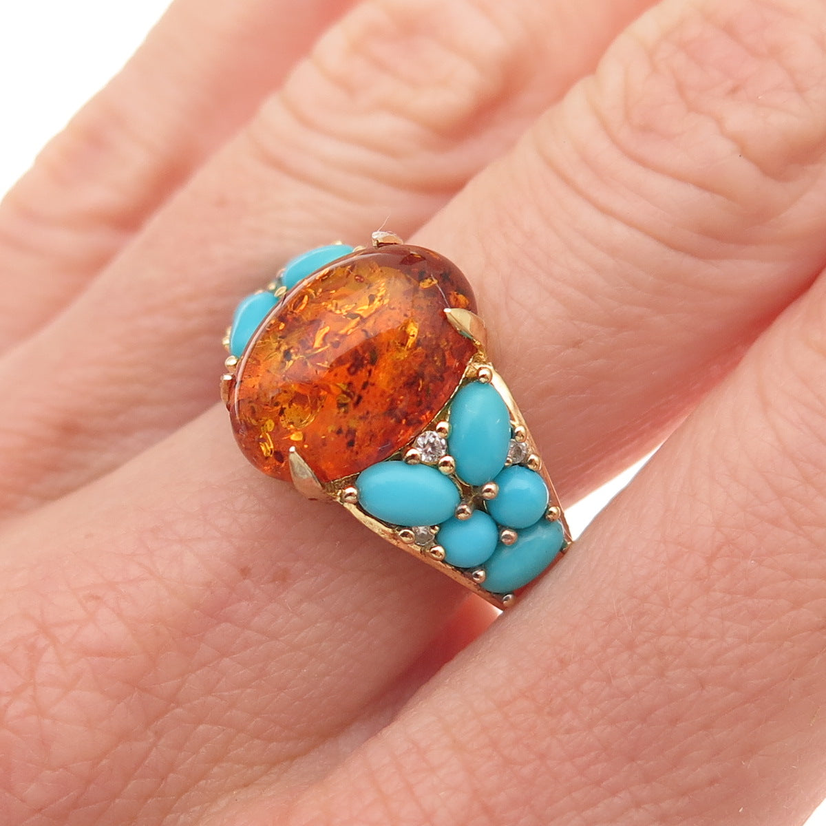 925 Sterling Silver Gold Plated Real Amber Turquoise White Topaz Ring Size 8.25