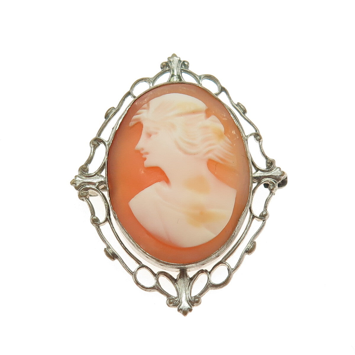 Antique Silver-Tone Cameo Victorian Lady Pin Brooch